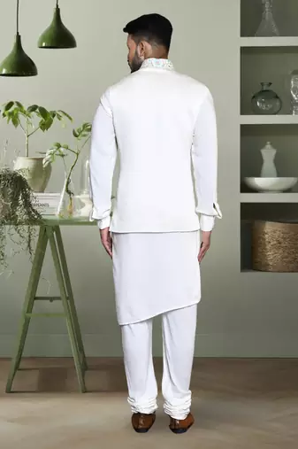 Off white art silk kurta jacket set for men's beautiful embroidery