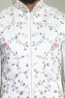 Off white art silk kurta jacket set for men's beautiful embroidery 4