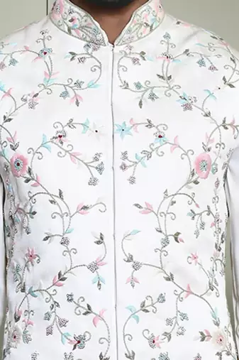 Off white art silk kurta jacket set for men's beautiful embroidery