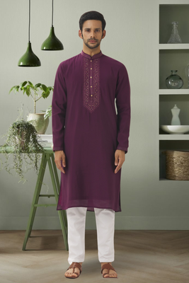 Wine georgette kurta pyjama beautiful embroidery for men's 1