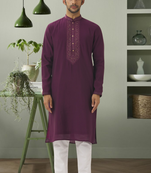 Wine georgette kurta pyjama beautiful embroidery for men's
