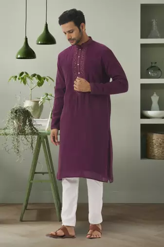 Wine georgette kurta pyjama beautiful embroidery for men's