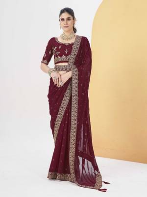 Maroon georgette solid embellished & sequined saree with unstitched blouse 1
