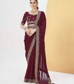 Maroon georgette solid embellished & sequined saree with unstitched blouse
