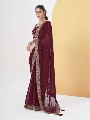 Maroon georgette solid embellished & sequined saree with unstitched blouse 2