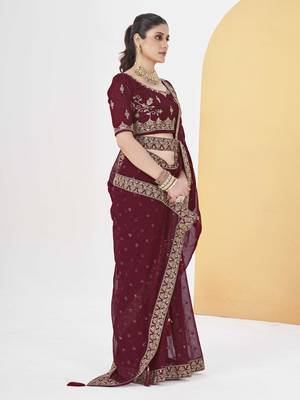 Maroon georgette solid embellished & sequined saree with unstitched blouse 3