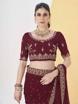 Maroon georgette solid embellished & sequined saree with unstitched blouse 4