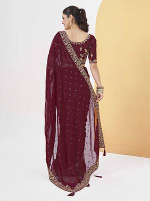 Maroon georgette solid embellished & sequined saree with unstitched blouse 5