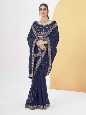 Navyblue georgette solid embellished & sequined saree with unstitched blouse 1