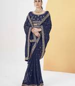 Navyblue georgette solid embellished & sequined saree with unstitched blouse