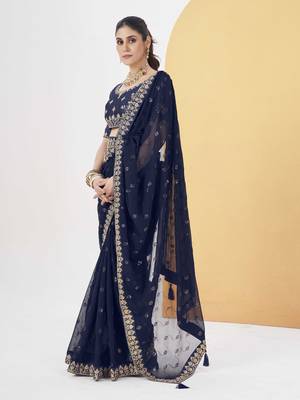 Navyblue georgette solid embellished & sequined saree with unstitched blouse 2