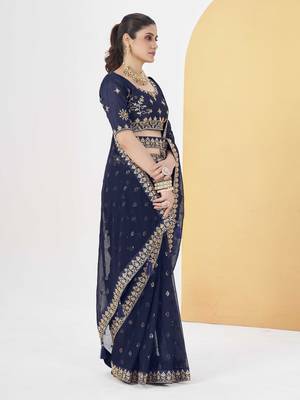Navyblue georgette solid embellished & sequined saree with unstitched blouse 3