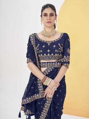 Navyblue georgette solid embellished & sequined saree with unstitched blouse 4