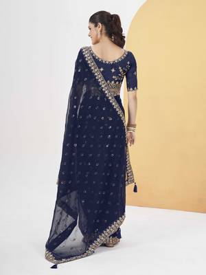 Navyblue georgette solid embellished & sequined saree with unstitched blouse 5