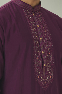 Wine georgette kurta pyjama beautiful embroidery for men's 4