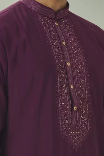 Wine georgette kurta pyjama beautiful embroidery for men's