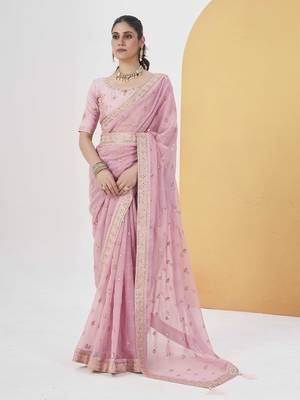 Onion pink georgette solid embellished & sequined saree with unstitched blouse 1