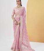 Onion pink georgette solid embellished & sequined saree with unstitched blouse