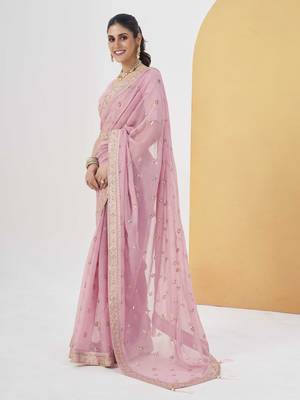 Onion pink georgette solid embellished & sequined saree with unstitched blouse 2