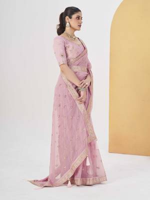 Onion pink georgette solid embellished & sequined saree with unstitched blouse 3