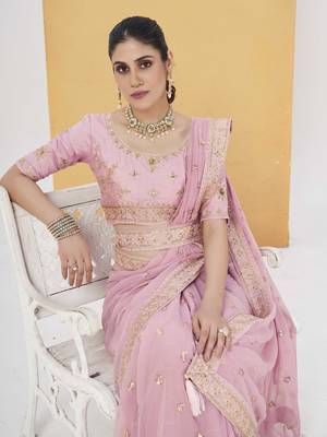 Onion pink georgette solid embellished & sequined saree with unstitched blouse 4