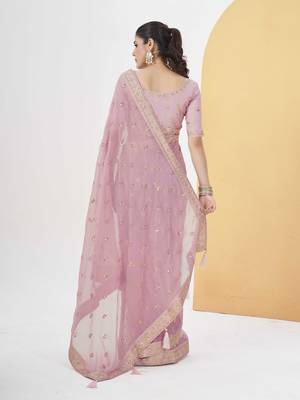 Onion pink georgette solid embellished & sequined saree with unstitched blouse 5