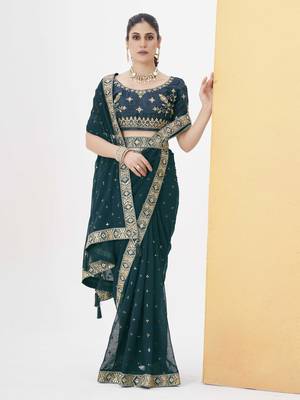 Tealblue georgette solid embellished & sequined saree with unstitched blouse 1
