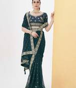 Tealblue georgette solid embellished & sequined saree with unstitched blouse