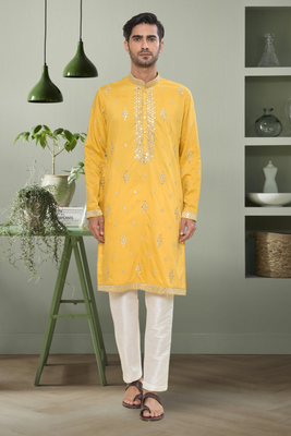 Yellow art silk mirror embroidery beautiful design kurta pyjama for men's 1