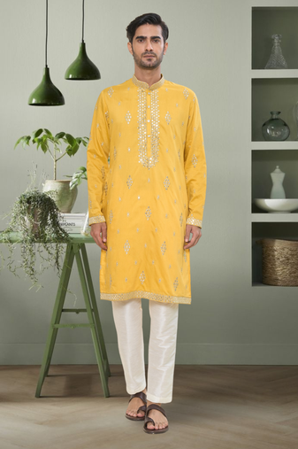 Yellow art silk mirror embroidery beautiful design kurta pyjama for men's