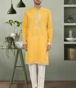 Yellow art silk mirror embroidery beautiful design kurta pyjama for men's