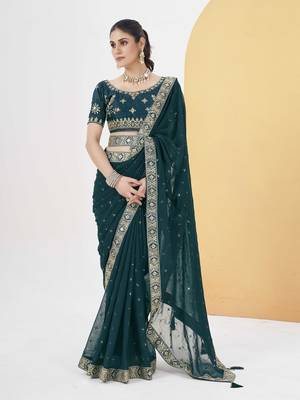 Tealblue georgette solid embellished & sequined saree with unstitched blouse 2