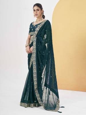 Tealblue georgette solid embellished & sequined saree with unstitched blouse 3