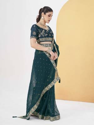 Tealblue georgette solid embellished & sequined saree with unstitched blouse 4