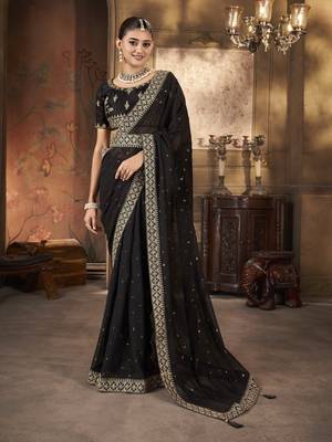 Black georgette solid embellished & sequined saree with unstitched blouse 1