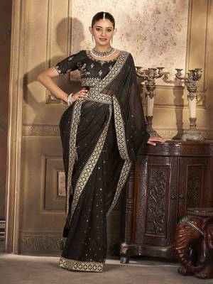 Black georgette solid embellished & sequined saree with unstitched blouse 2