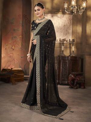 Black georgette solid embellished & sequined saree with unstitched blouse 3