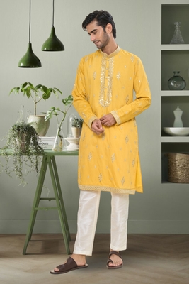 Yellow art silk mirror embroidery beautiful design kurta pyjama for men's 2
