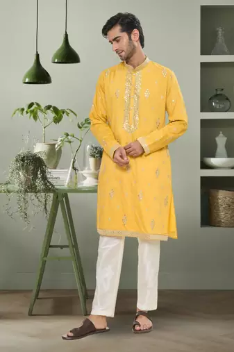 Yellow art silk mirror embroidery beautiful design kurta pyjama for men's