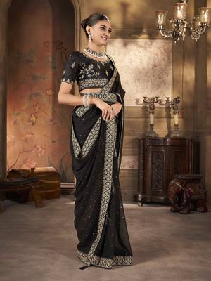 Black georgette solid embellished & sequined saree with unstitched blouse 4