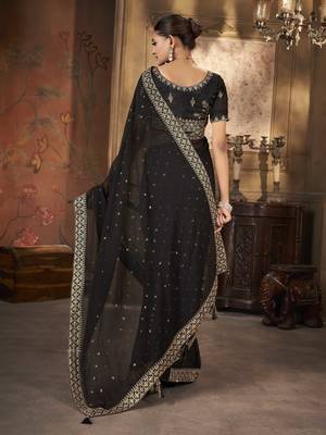 Black georgette solid embellished & sequined saree with unstitched blouse 5