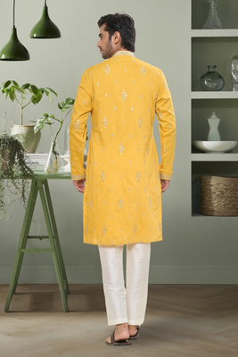 Yellow art silk mirror embroidery beautiful design kurta pyjama for men's 3