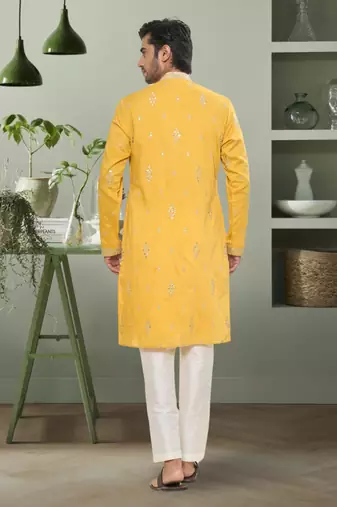 Yellow art silk mirror embroidery beautiful design kurta pyjama for men's