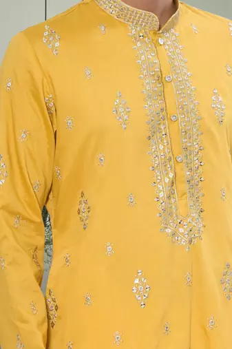 Yellow art silk mirror embroidery beautiful design kurta pyjama for men's