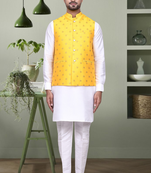 Art silk yellow jacket and off white kurta pant set for men's