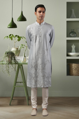 Light grey ps fabric embroidery kurta pyjama for men's 1