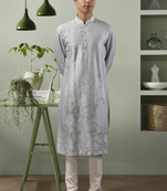 Light grey ps fabric embroidery kurta pyjama for men's