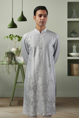 Light grey ps fabric embroidery kurta pyjama for men's 2