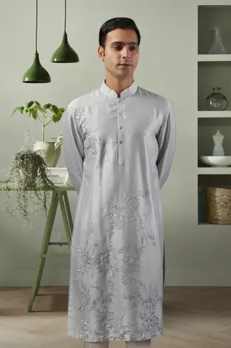 Light grey ps fabric embroidery kurta pyjama for men's