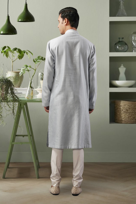 Light grey ps fabric embroidery kurta pyjama for men's 3